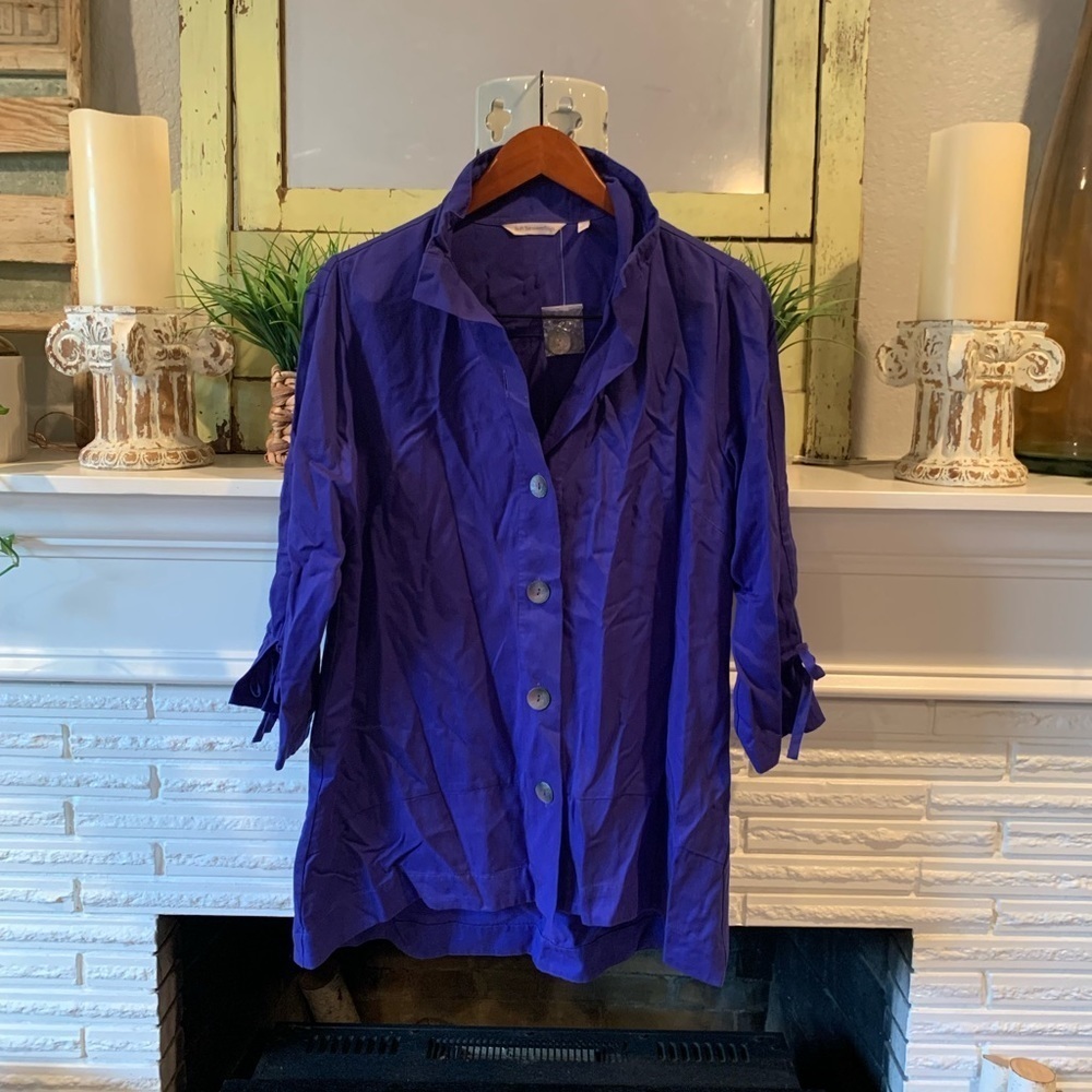 Soft Surroundings NEW 100% Tencel Purple Button Up Trapeze Hem Collared Top M